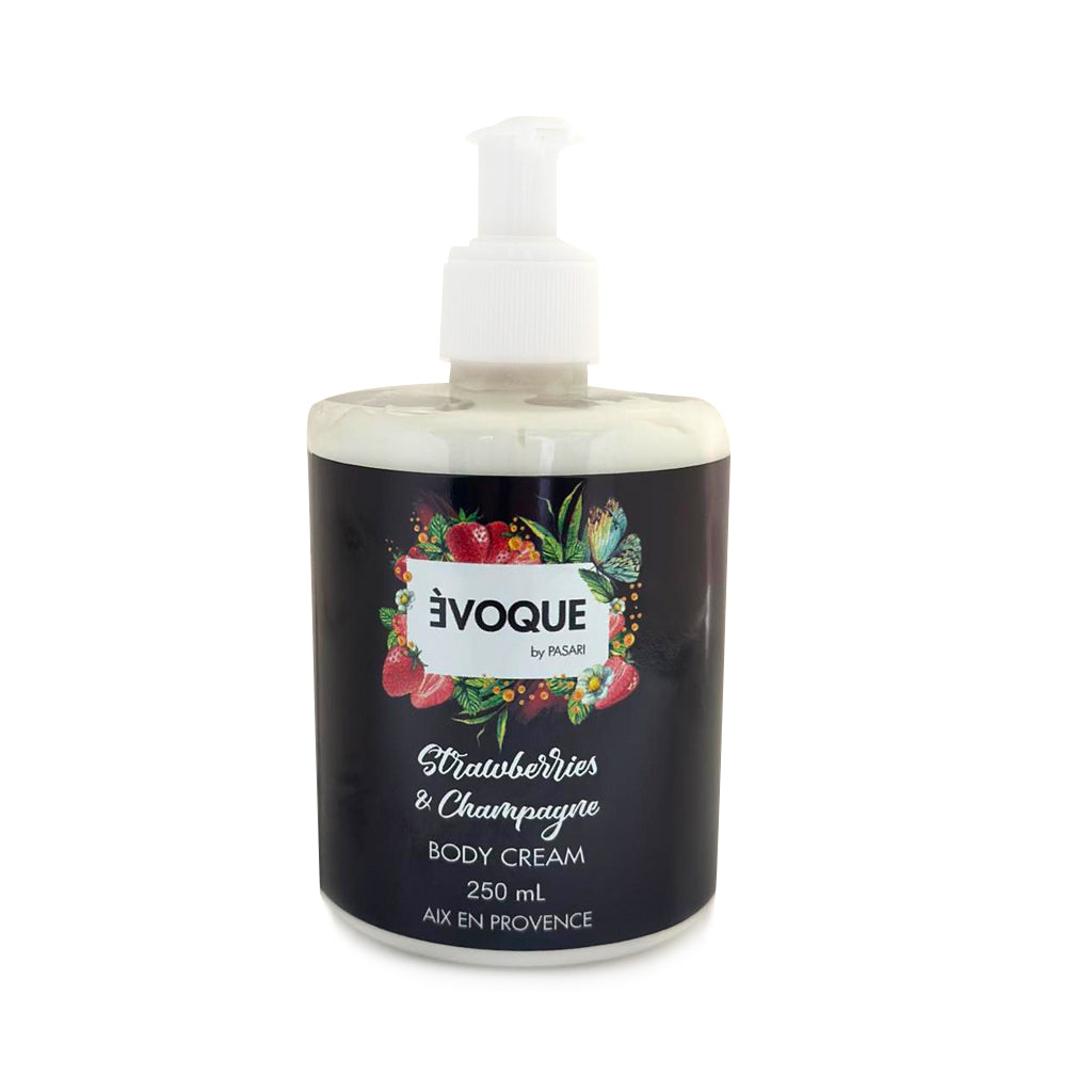 ÈVOQUE BODY CREAM DE 250 ML PARA USO DIARIO. STRAWBERRY & CHAMPAGNE