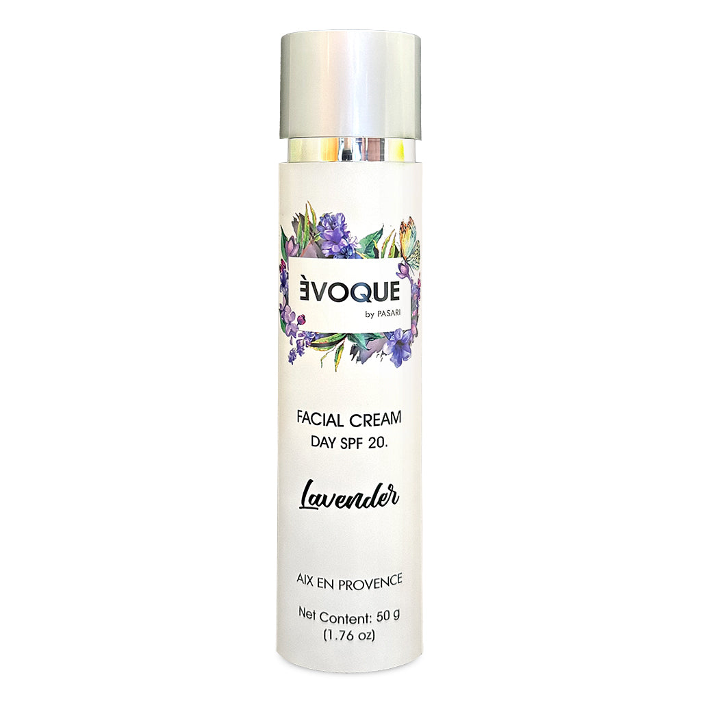 ÈVOQUE CREMA FACIAL PARA DÍA CON PROTECTOR SOLAR SPF 20. LAVANDA